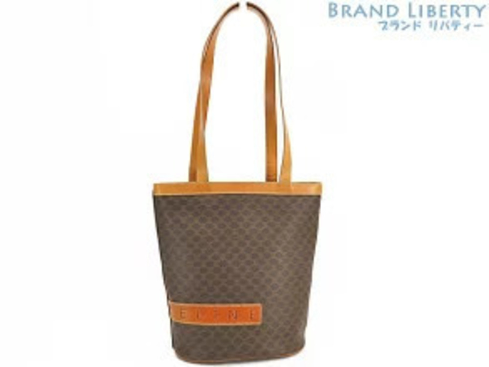 Celine Macadam Shoulder Tote Bag Bucket Handbag Brown Dark Leather